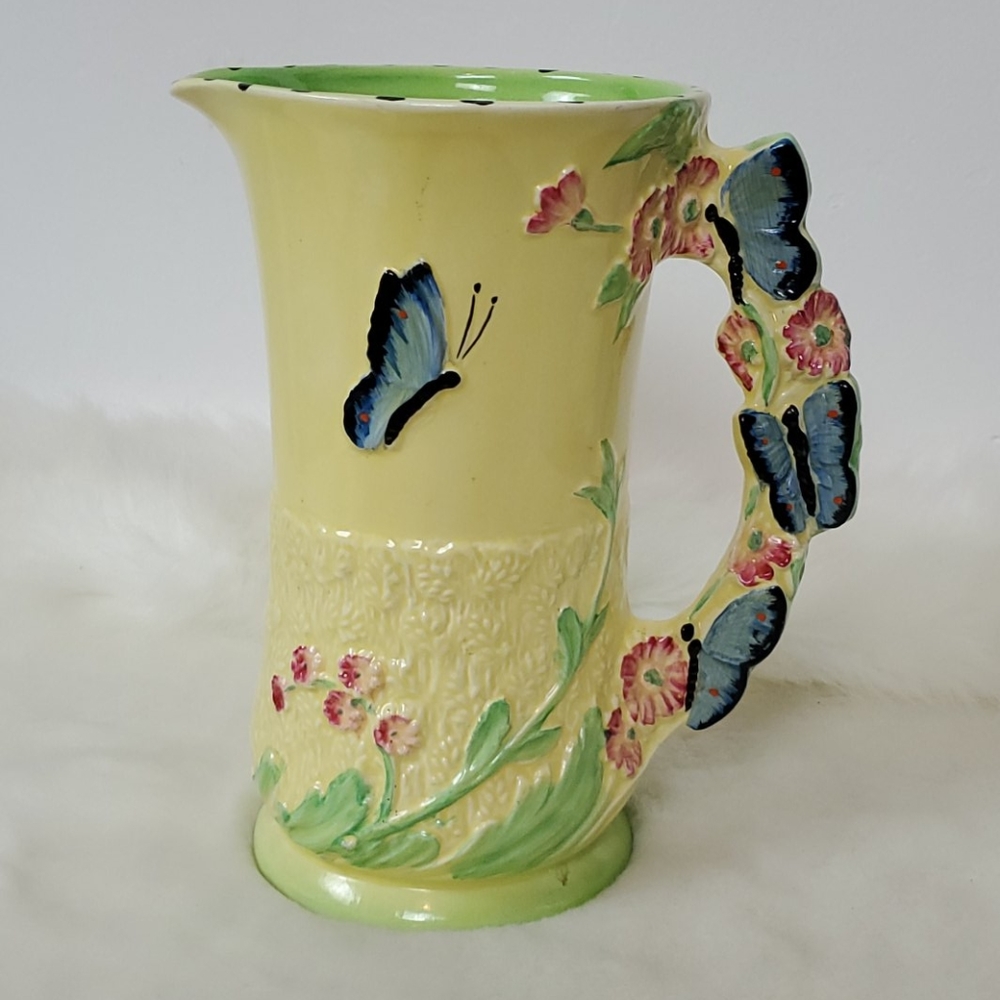 Burleigh Ware Vintage Majolica Pitcher Jug Yellow Floral Butterfly England 1951